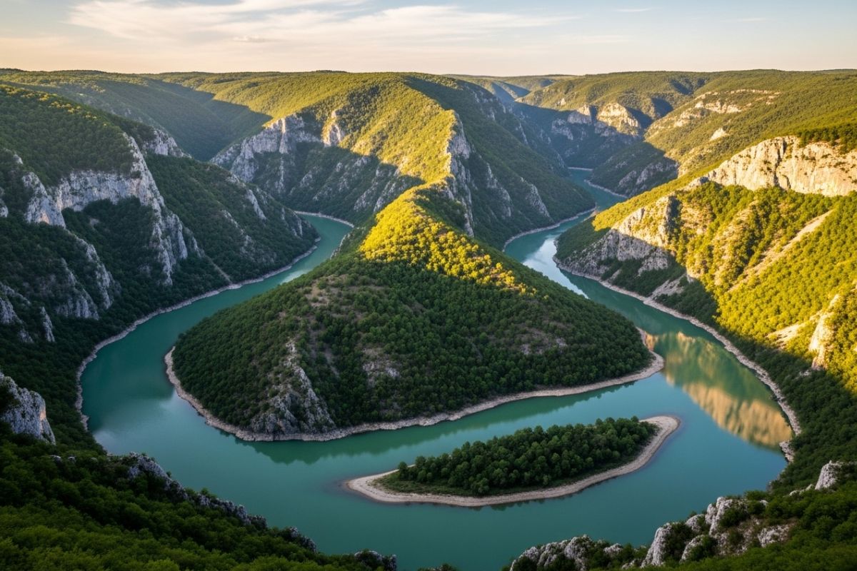 Méandres de la réserve naturelle Uvac en Serbie, vue panoramique