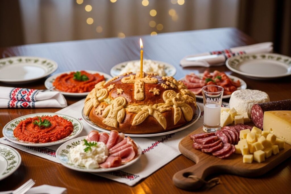 Table traditionnelle serbe avec spécialités locales et verre de rakija